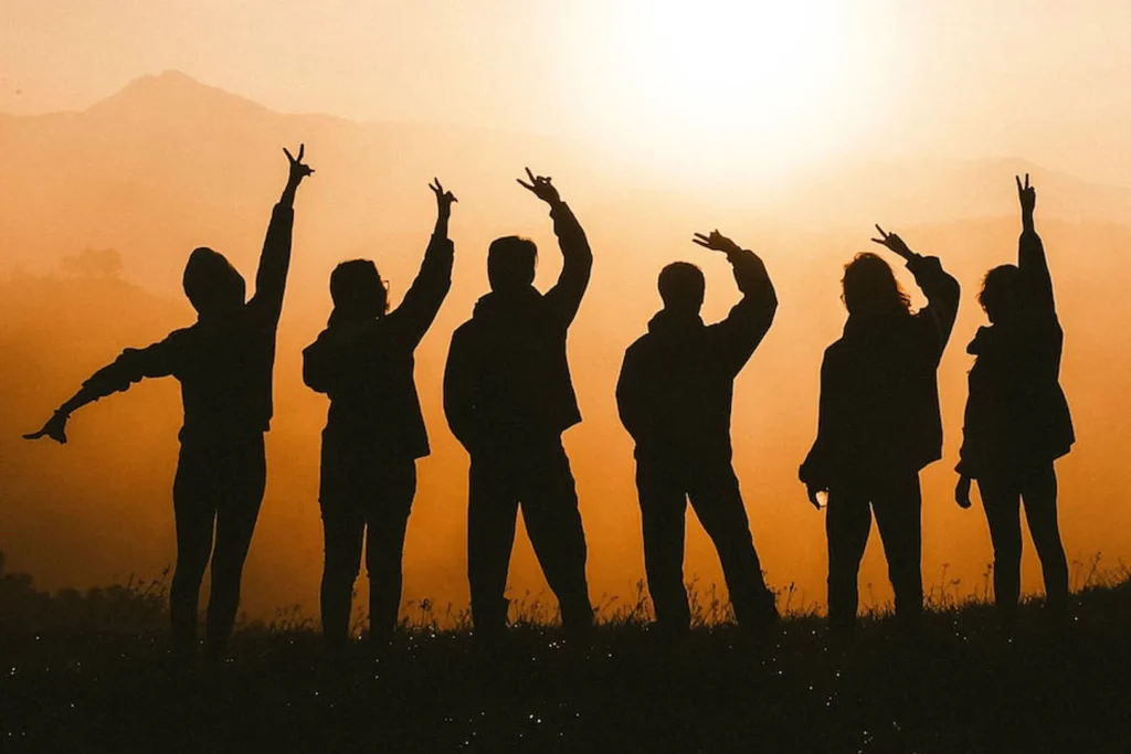 Silhouettes of children against a sunset sky making the peace sign links to the Curriculum Threads page